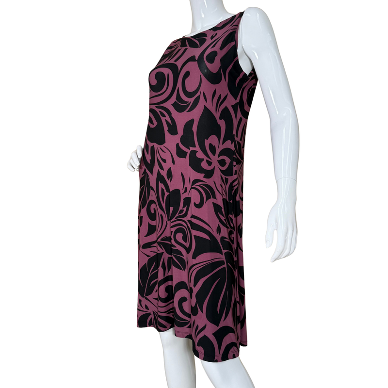 Load image into Gallery viewer, Iolani Muave Dress with Floral Ornaments showcases an eye-catching black swirl print over a deep mauve background
