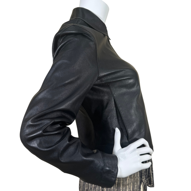 Load image into Gallery viewer, Issac Mizrahi Black Genuine Leather Jacket, a timeless piece that effortlessly combines edgy style with sophistication - side view
