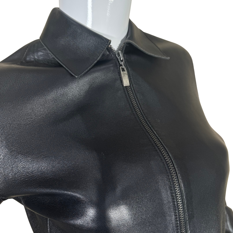 Load image into Gallery viewer, Issac Mizrahi Black Genuine Leather Jacket, a timeless piece that effortlessly combines edgy style with sophistication - close up view
