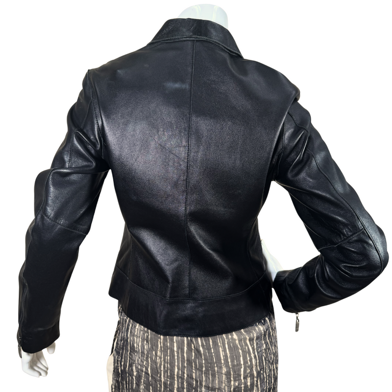 Load image into Gallery viewer, Issac Mizrahi Black Genuine Leather Jacket, a timeless piece that effortlessly combines edgy style with sophistication - backside view
