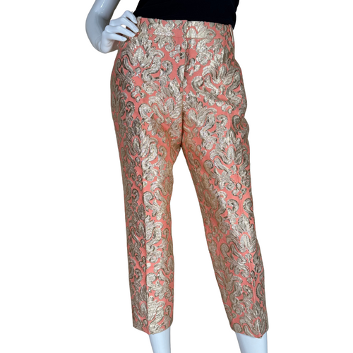 donated J-Crew Luxury Coral Pink Cropped Trousers with Golden Accents, featuring an ornate gold metallic brocade pattern throughout