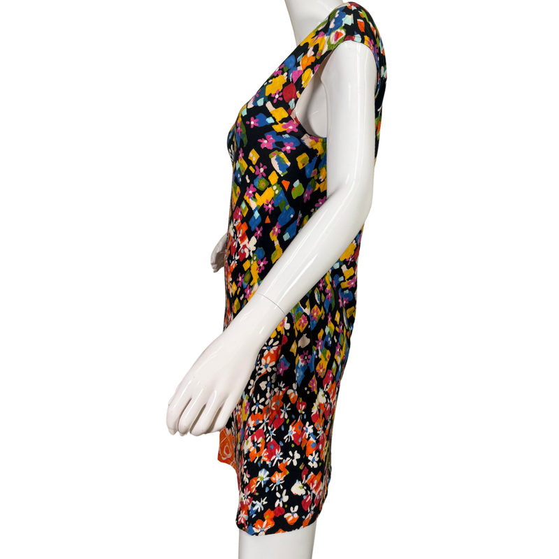 Load image into Gallery viewer, pre-loved Jam&#39;s World Multicolor V-Neck Dress features a lively mix of colorful floral and abstract patterns on a black background, creating a cheerful and eye-catching look
