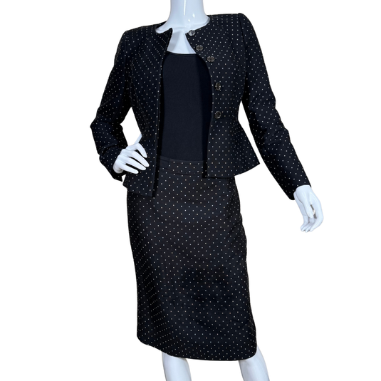 pre-loved outfit is a refined Jigsaw Polka Dot Black & White Suit Set adorned with a subtle, all-over polka dot pattern in a light gold tone, adding a touch of vintage glam