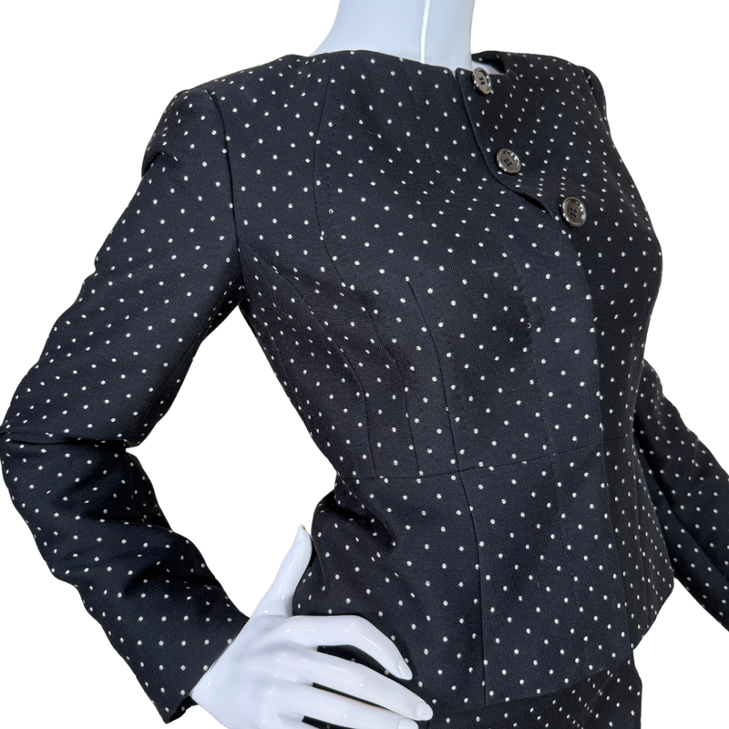 Load image into Gallery viewer, pre-loved outfit is a refined Jigsaw Polka Dot Black &amp; White Suit Set adorned with a subtle, all-over polka dot pattern in a light gold tone, adding a touch of vintage glam
