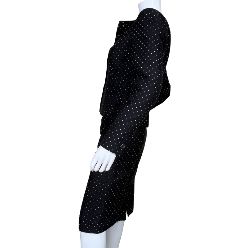 Load image into Gallery viewer, pre-loved outfit is a refined Jigsaw Polka Dot Black &amp; White Suit Set adorned with a subtle, all-over polka dot pattern in a light gold tone, adding a touch of vintage glam
