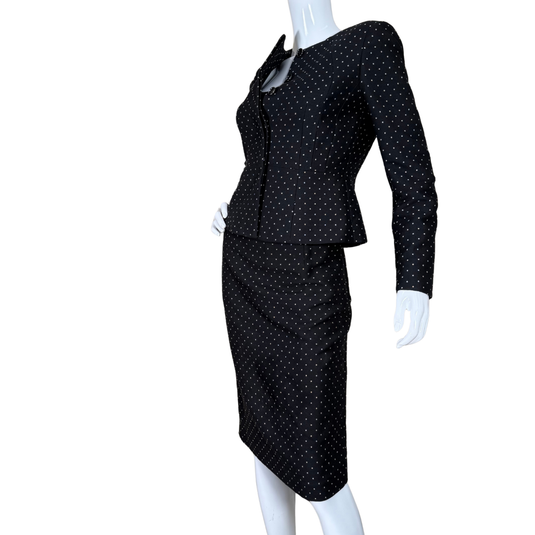 pre-loved outfit is a refined Jigsaw Polka Dot Black &amp; White Suit Set adorned with a subtle, all-over polka dot pattern in a light gold tone, adding a touch of vintage glam