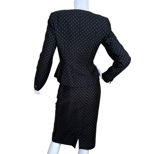pre-loved outfit is a refined Jigsaw Polka Dot Black &amp; White Suit Set adorned with a subtle, all-over polka dot pattern in a light gold tone, adding a touch of vintage glam