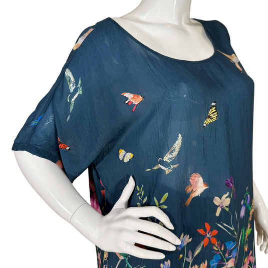 pre-loved Johnny Was Navy Blue Floral and Bird Print Tunic, beautifully adorned with a vibrant floral and bird print.