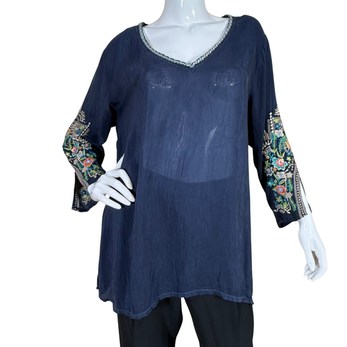 Johnny Was Royal Blue Long-sleeve Navy Boho Embroidered Tunic Top, featuring beautifully detailed embroidery on the sleeves in vibrant floral and geometric patterns