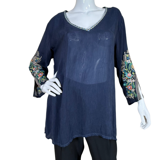 Johnny Was Royal Blue Long-sleeve Navy Boho Embroidered Tunic Top, featuring beautifully detailed embroidery on the sleeves in vibrant floral and geometric patterns