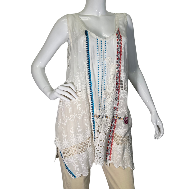 Load image into Gallery viewer, Johnny Was Sheer White Delicate Lace Blouse - Boho-chic white sleeveless tunic with intricate lace, embroidery, and crochet details, perfect for a stylish and breezy look - front view

