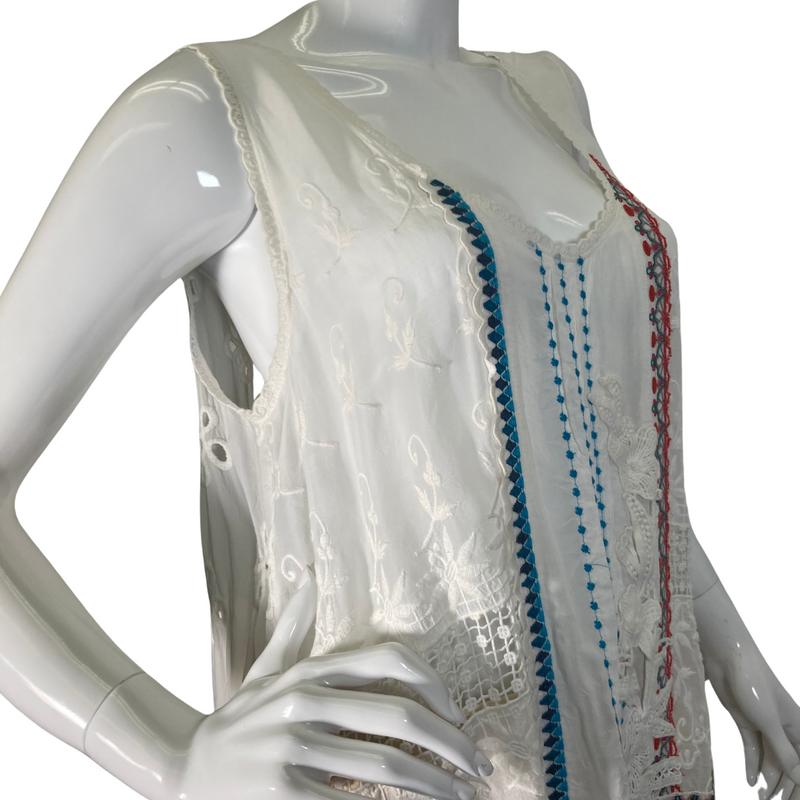 Load image into Gallery viewer, Johnny Was Sheer White Delicate Lace Blouse - Boho-chic white sleeveless tunic with intricate lace, embroidery, and crochet details, perfect for a stylish and breezy look - close up view
