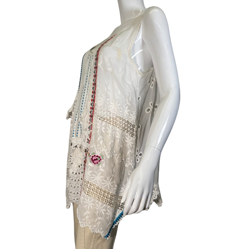 Load image into Gallery viewer, Johnny Was Sheer White Delicate Lace Blouse - Boho-chic white sleeveless tunic with intricate lace, embroidery, and crochet details, perfect for a stylish and breezy look - side view
