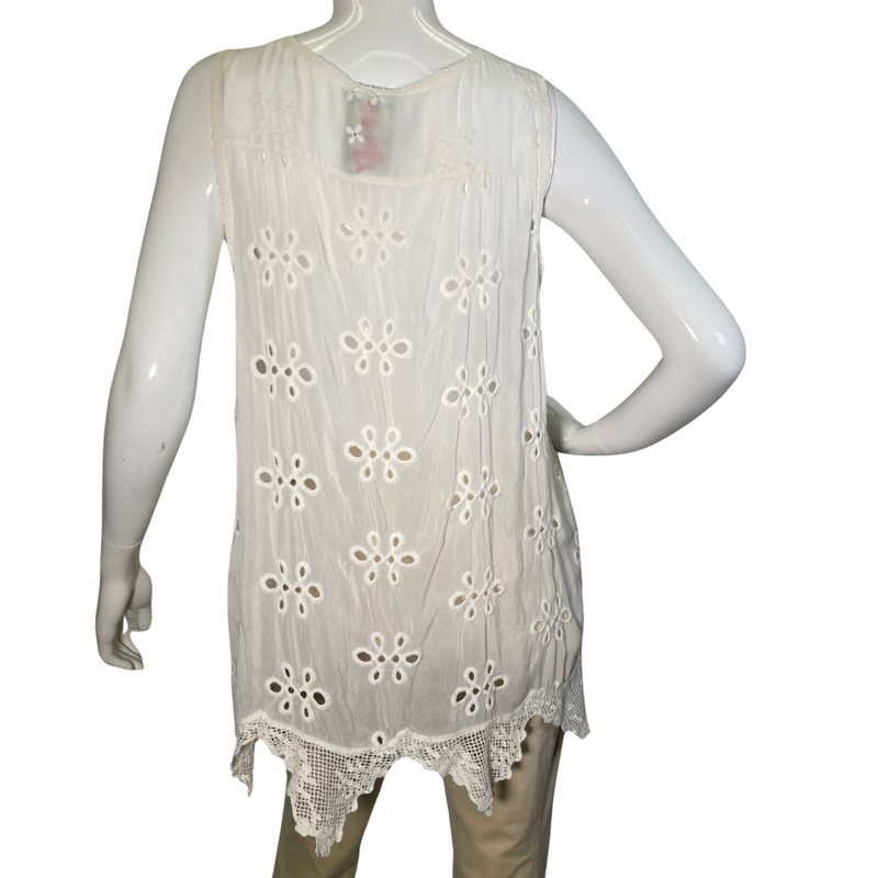 Load image into Gallery viewer, Johnny Was Sheer White Delicate Lace Blouse - Boho-chic white sleeveless tunic with intricate lace, embroidery, and crochet details, perfect for a stylish and breezy look - backside view
