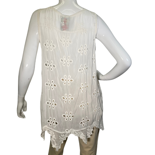 Johnny Was Sheer White Delicate Lace Blouse - Boho-chic white sleeveless tunic with intricate lace, embroidery, and crochet details, perfect for a stylish and breezy look - backside view