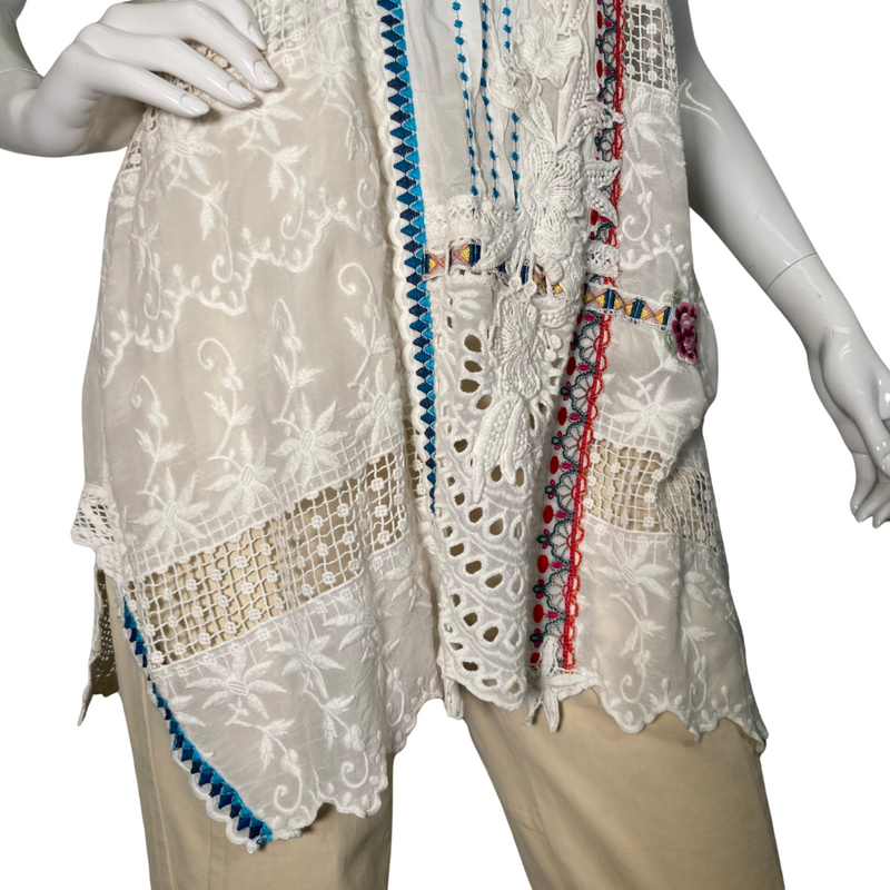 Load image into Gallery viewer, Johnny Was Sheer White Delicate Lace Blouse - Boho-chic white sleeveless tunic with intricate lace, embroidery, and crochet details, perfect for a stylish and breezy look - close up view of embroidery 
