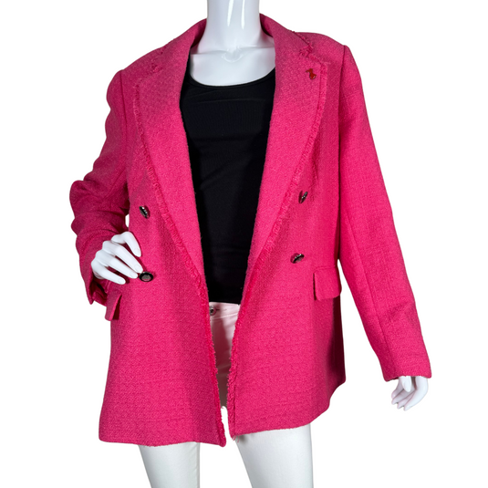 vibrant pre-loved Karl Lagerfeld Glam Hot Pink Spring Jacket. Crafted in a textured woven fabric, it features notched lapels, lightly frayed edges for a touch of flair, and structured tailoring for a confident silhouette