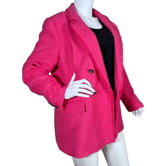 vibrant pre-loved Karl Lagerfeld Glam Hot Pink Spring Jacket. Crafted in a textured woven fabric, it features notched lapels, lightly frayed edges for a touch of flair, and structured tailoring for a confident silhouette