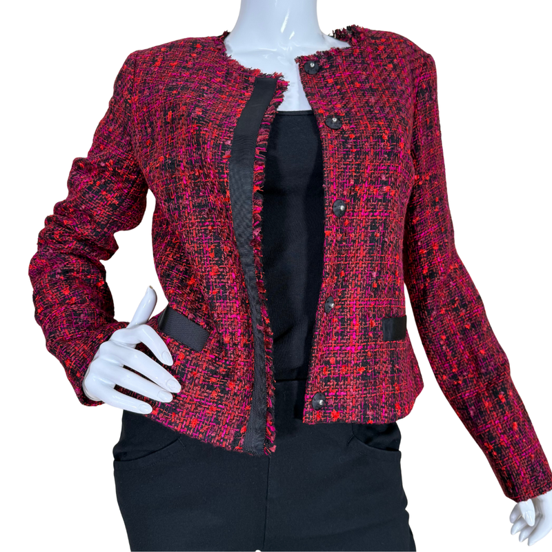 Load image into Gallery viewer,  Karl Lagerfeld Red and Black Tweed Button-Up Jacket&nbsp;is a timeless wardrobe staple that adds effortless sophistication to any look. 
