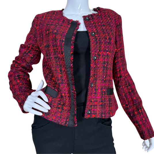  Karl Lagerfeld Red and Black Tweed Button-Up Jacket is a timeless wardrobe staple that adds effortless sophistication to any look. 