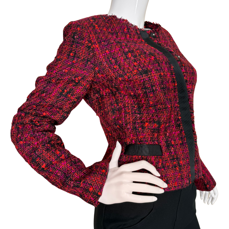 Load image into Gallery viewer, Red and black patterned jacket on a mannequin against a white background
