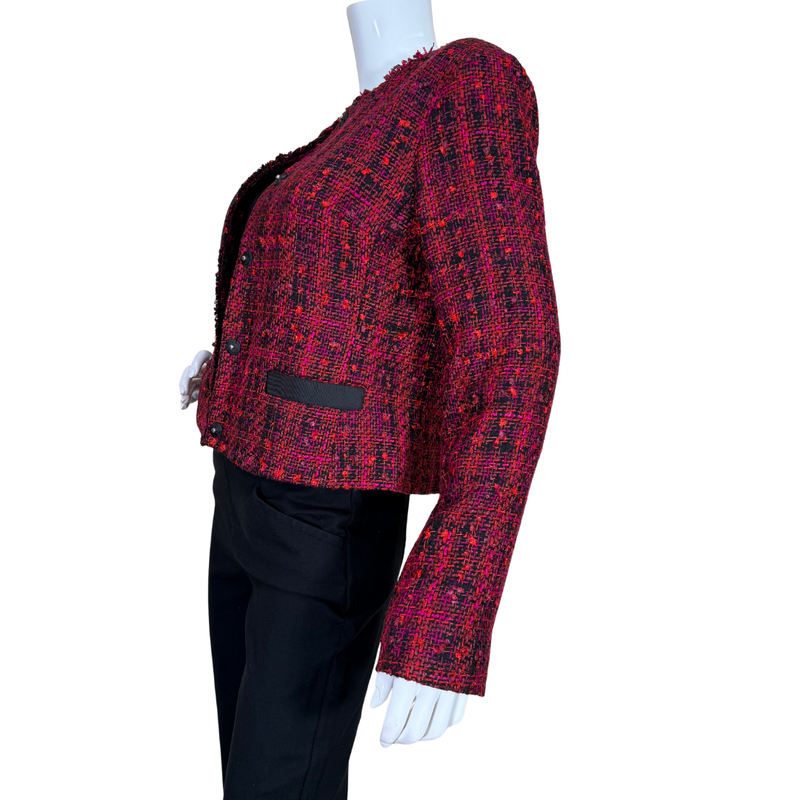 Load image into Gallery viewer, Red and black patterned jacket on a mannequin against a white background
