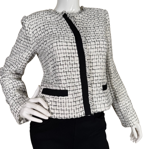 Karl Lagerfeld White and Black Bouclé Textured Jacket is designed with a modern checkered pattern and tailored silhouette