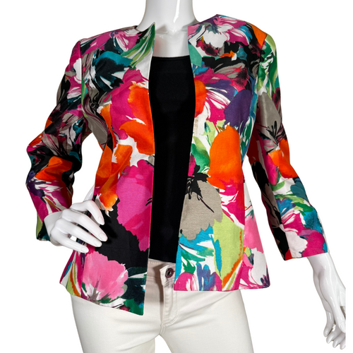 Add a vibrant pop of color to your wardrobe with this eye-catching Kasper Colorful Floral Blazer Jacket. 
