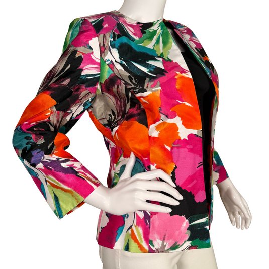 Add a vibrant pop of color to your wardrobe with this eye-catching Kasper Colorful Floral Blazer Jacket. 