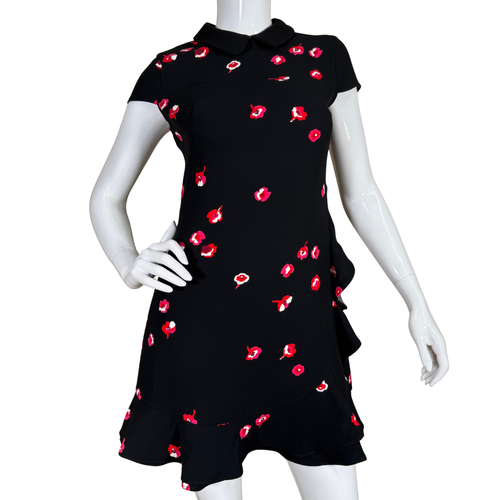 Playful and chic, this pre-loved Kate Spade Black Dress with Scattered Red Florals is adorned with scattered red and pink floral prints that bring a pop of color to your wardrobe