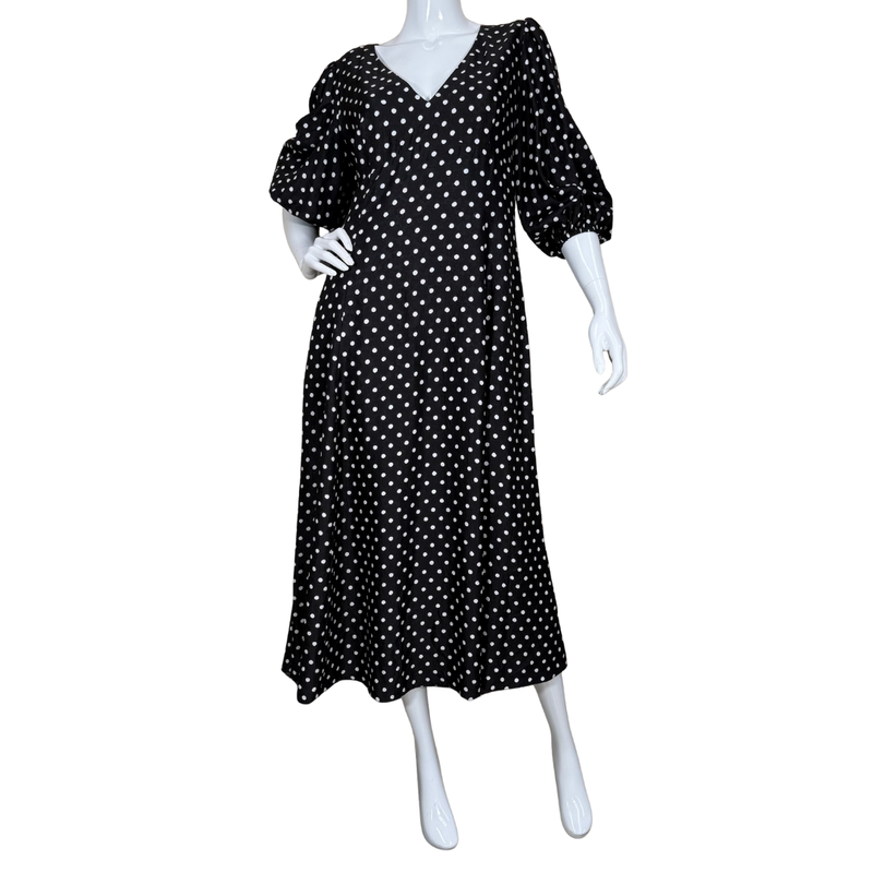 Load image into Gallery viewer, Kate Spade Black Polka Dot Maxi Dress features a classic white polka dot print and a flattering V-neckline
