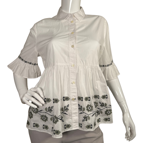 Kate Spade Broome Street White Blouse with Embroidered Flowers is a stylish and feminine piece featuring a button-down front with a classic collared neckline