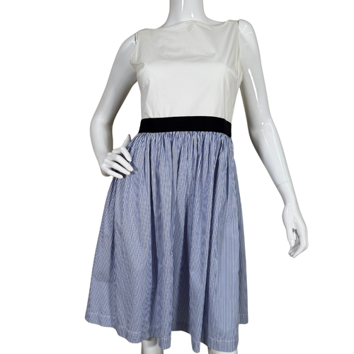 Kate Spade Broome Street White & Blue Striped Sleeveless Dress with Black Waistband brings effortless charm with its crisp white bodice, wide black waistband, and full gathered skirt in blue and white pinstripes