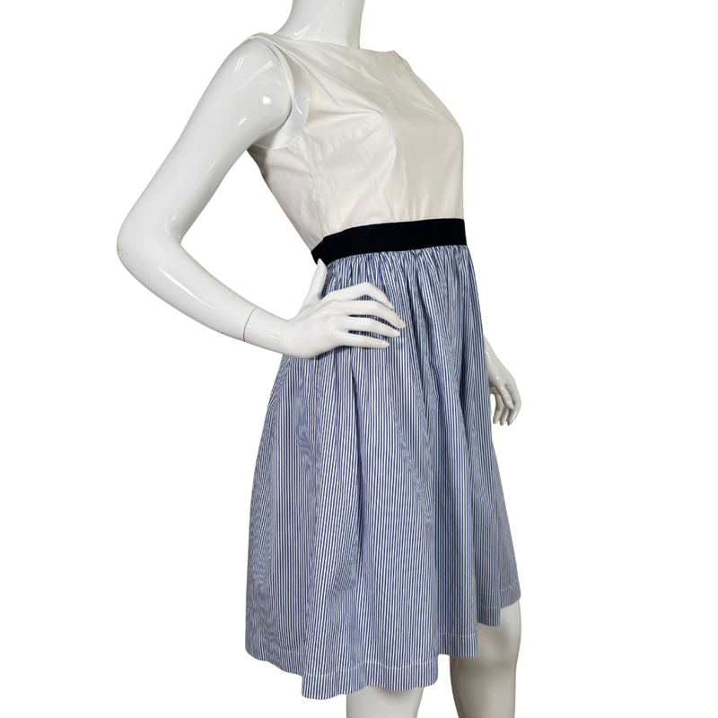 Load image into Gallery viewer, Kate Spade Broome Street White &amp; Blue Striped Sleeveless Dress with Black Waistband brings effortless charm with its crisp white bodice, wide black waistband, and full gathered skirt in blue and white pinstripes
