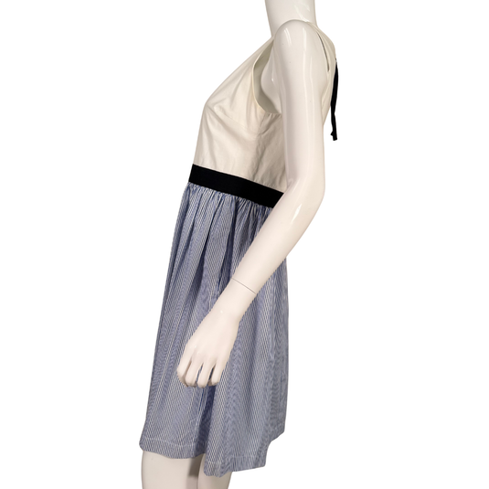 Kate Spade Broome Street White &amp; Blue Striped Sleeveless Dress with Black Waistband brings effortless charm with its crisp white bodice, wide black waistband, and full gathered skirt in blue and white pinstripes