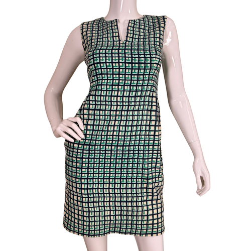Kate Spade Geometric Print Sleeveless Shift Dress featuring a geometric grid print in black, green, and ivory