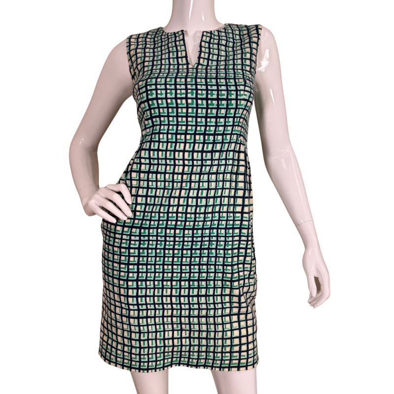 Load image into Gallery viewer, Kate Spade Geometric Print Sleeveless Shift Dress featuring a geometric grid print in black, green, and ivory
