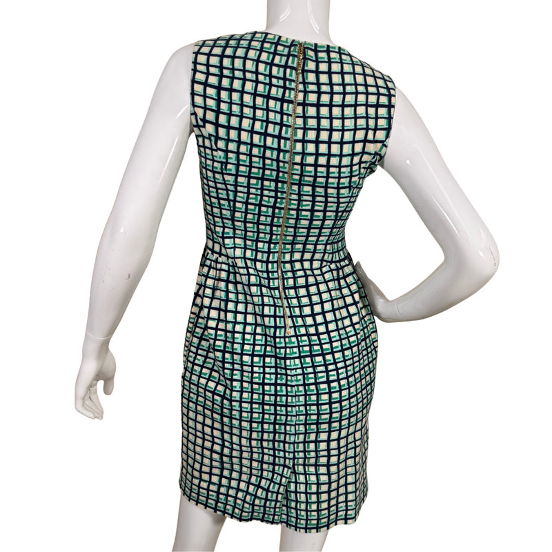 Load image into Gallery viewer, Kate Spade Geometric Print Sleeveless Shift Dress featuring a geometric grid print in black, green, and ivory
