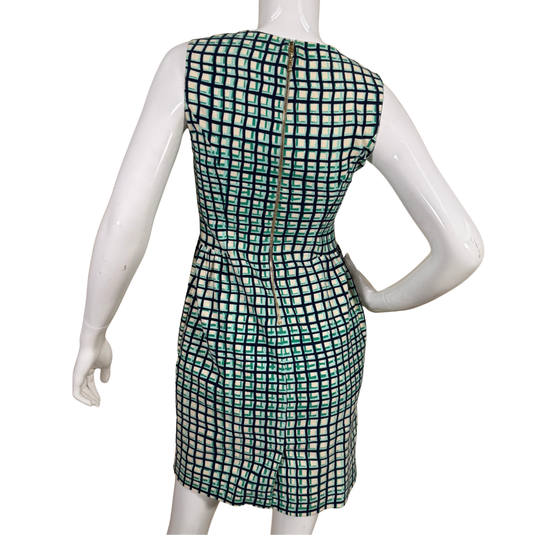 Kate Spade Geometric Print Sleeveless Shift Dress featuring a geometric grid print in black, green, and ivory