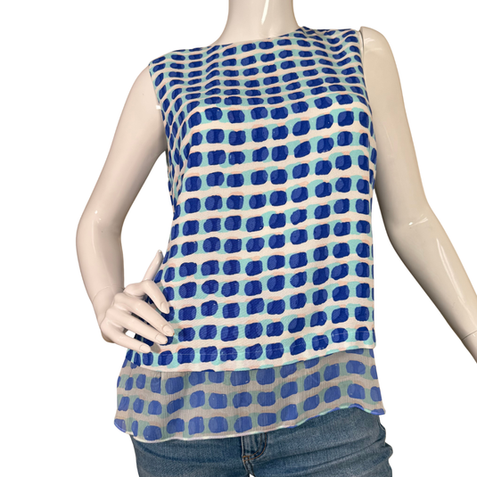 Kate Spade Sleeveless Sheer-Layered Top in Blue Dot Print showcases a vibrant blue and aqua dot pattern on a white background