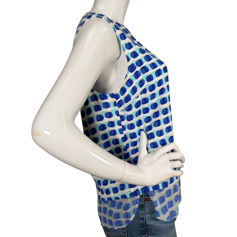 Load image into Gallery viewer, Kate Spade Sleeveless Sheer-Layered Top in Blue Dot Print showcases a vibrant blue and aqua dot pattern on a white background
