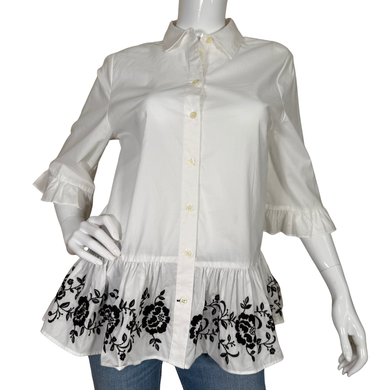 Kate Spade White Peplum Blouse with Embroidered Hem features a classic collared button-up design with a feminine twist