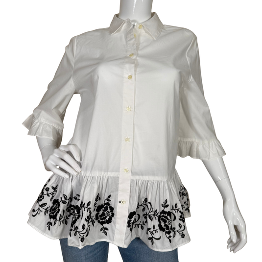 Kate Spade White Peplum Blouse with Embroidered Hem features a classic collared button-up design with a feminine twist