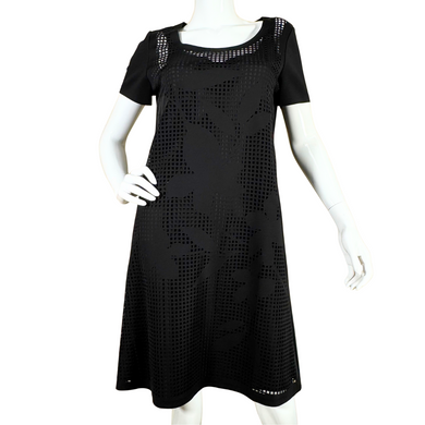 elegant Lafayette 148 Black Dress features a stylish A-line silhouette with a modern laser-cut overlay showcasing a floral pattern