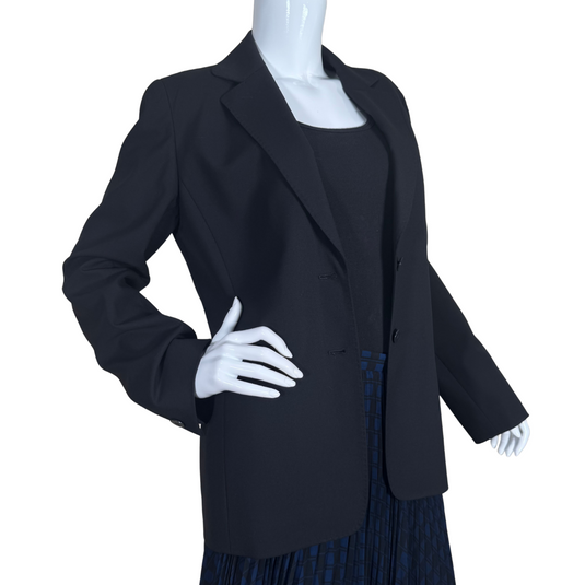 Lafayette 148 Classic Black Single-Button Blazer features a sharp notched collar, single-button closure, and two subtle welt pockets.
