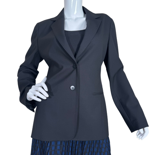 Lafayette 148 Classic Black Single-Button Blazer features a sharp notched collar, single-button closure, and two subtle welt pockets.