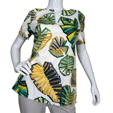 stylish Lafayette 148 Crea, Blouse with Tropical Leaves features a vibrant tropical leaf print in shades of green, yellow, and black against a white background