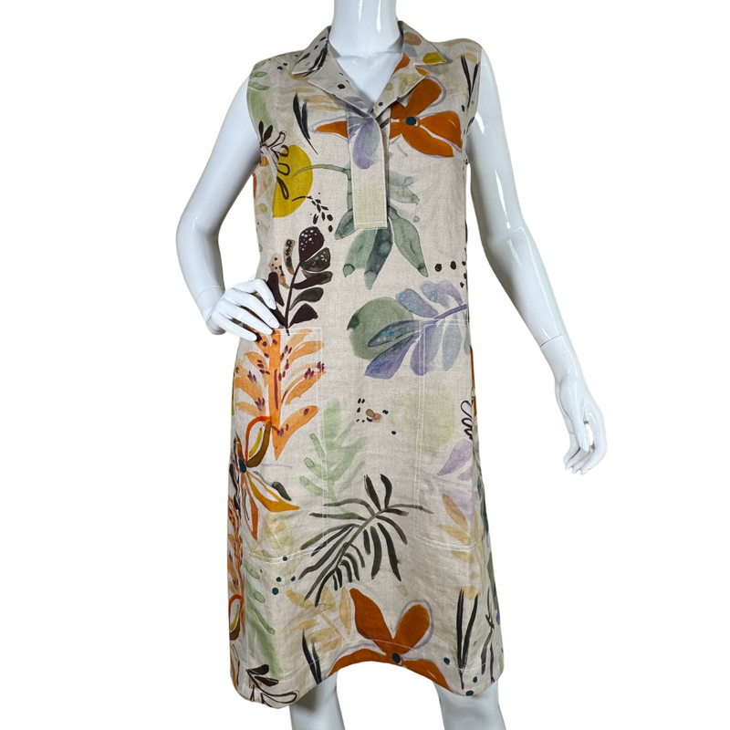 Load image into Gallery viewer, pre-loved Lafayette 148 Linen Dress With Colorful Watercolor Florals with its relaxed fit and breathable fabric, perfect for warm-weather outings
