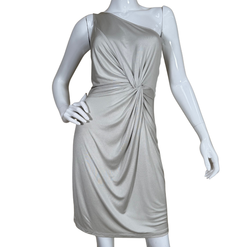 Mannequin wearing a silver one-shoulder dress on a white background