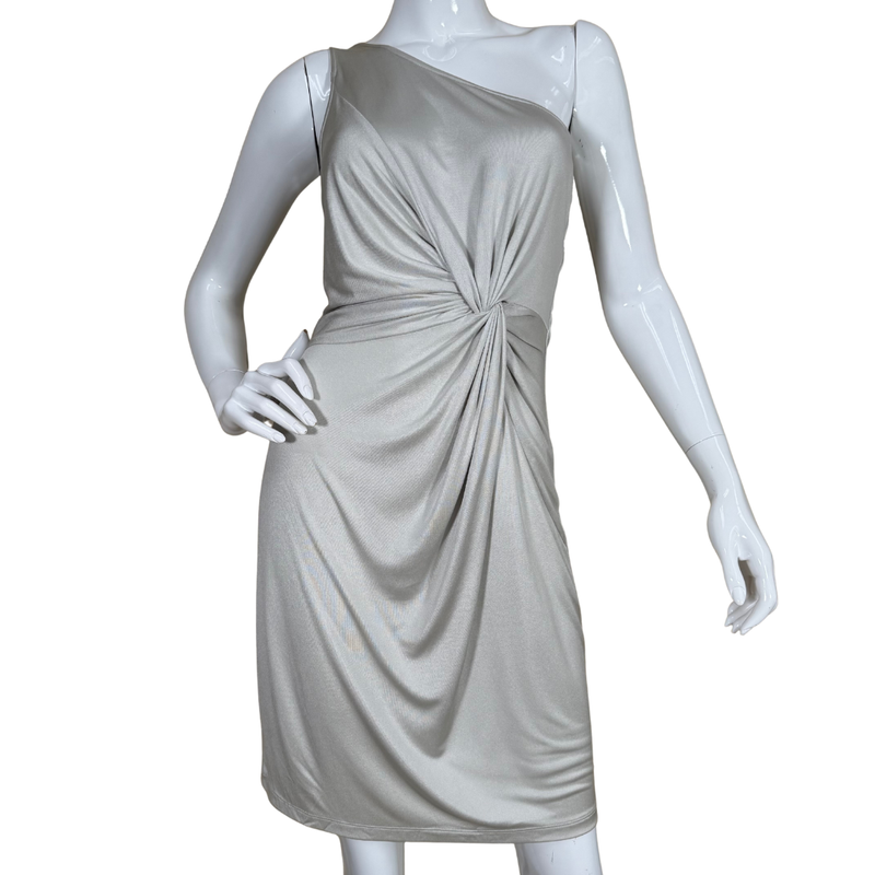 Load image into Gallery viewer, Mannequin wearing a silver one-shoulder dress on a white background
